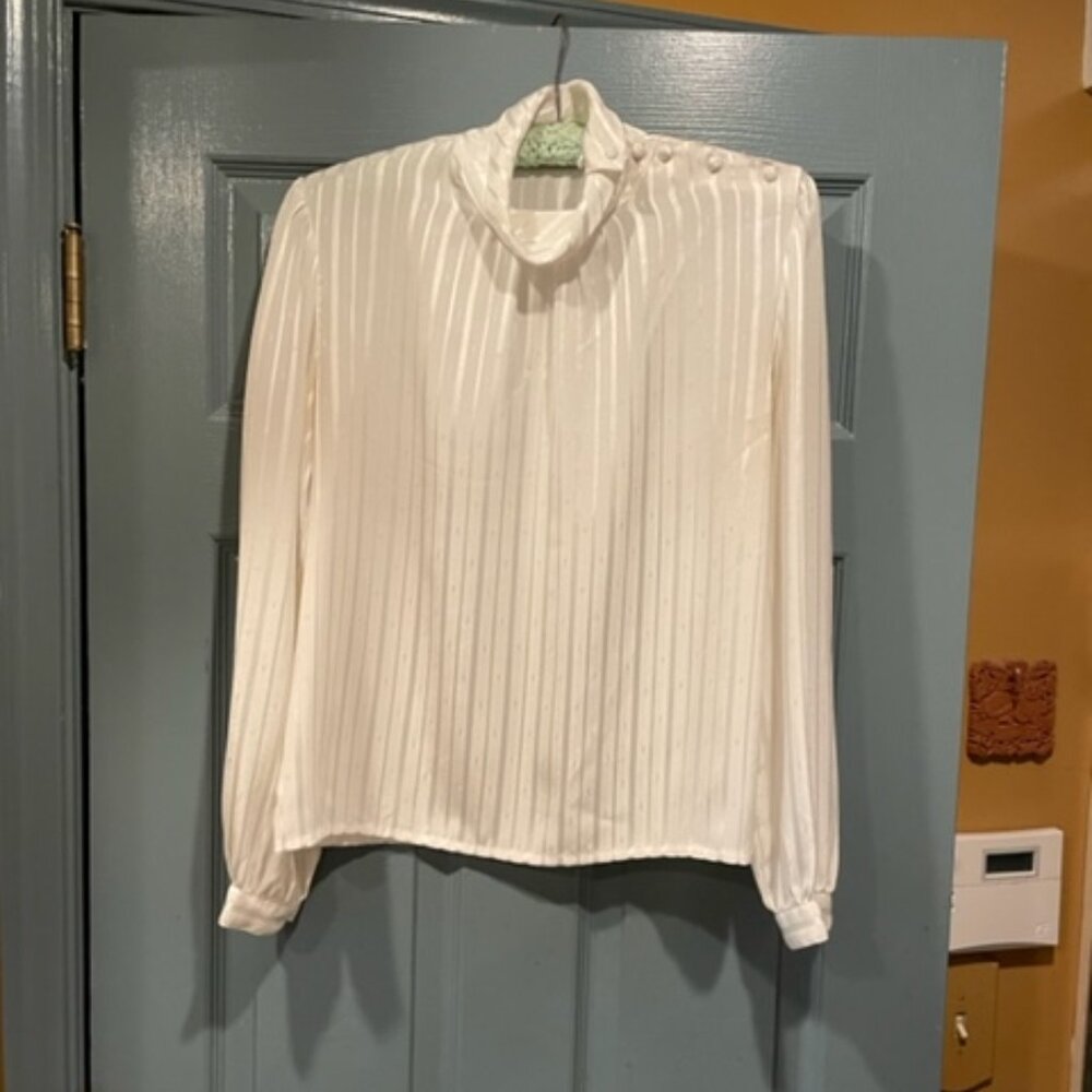 Poet by Nicola ivory satin striped blouse, 39" chest, 23" length, exc. cond, 80s